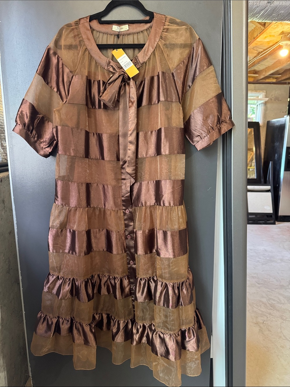 Women's Brown Striped Satin & Sheer Tie-Neck Dress